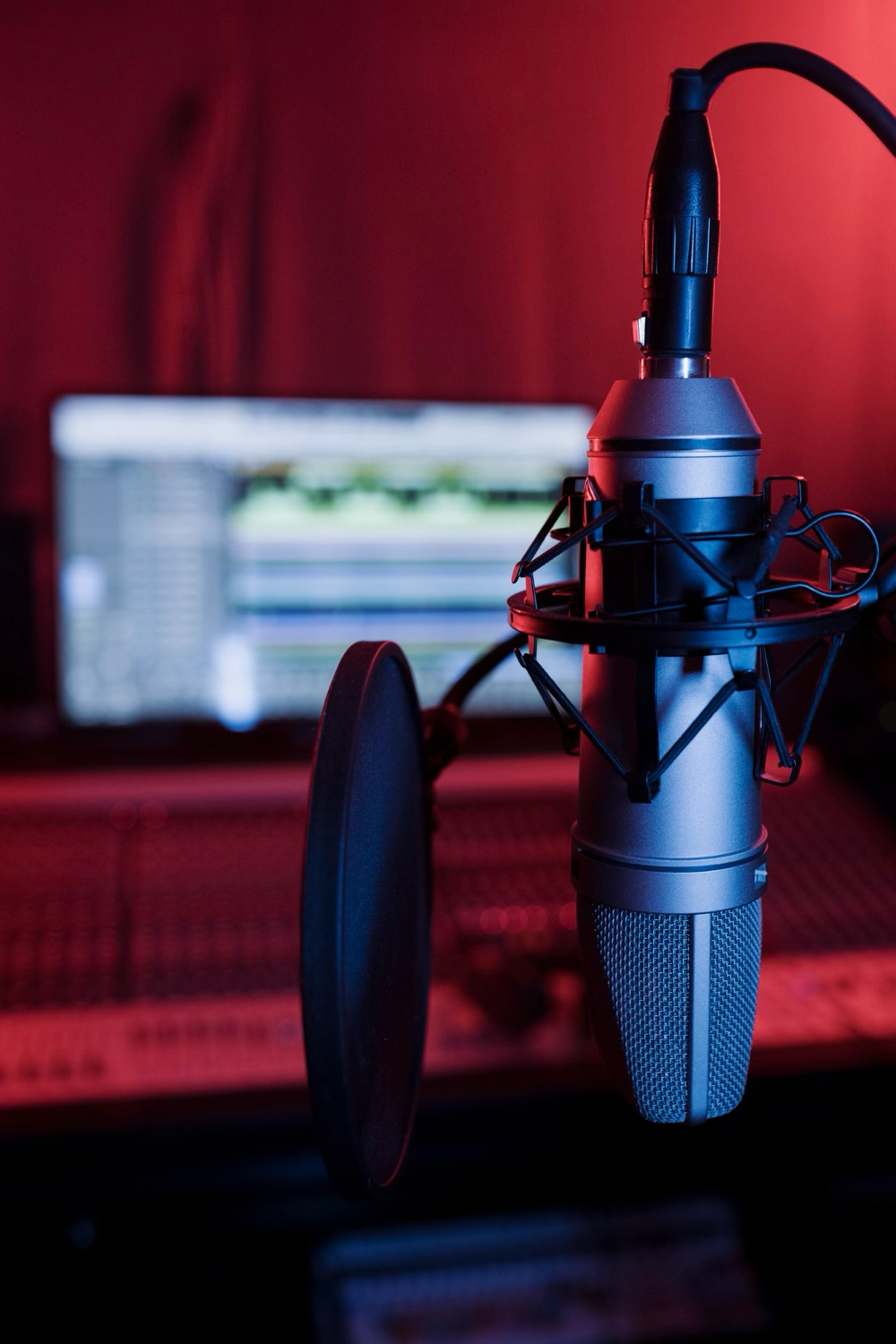 Professional studio microphone in a red-lit production environment