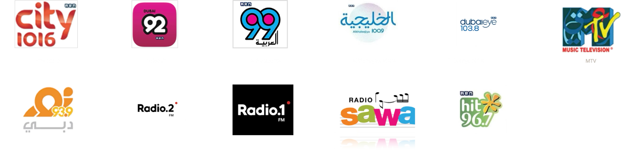 Selected radio brands including City 101.6, Dubai 92, Al Arabiya 99, Al Khaleejiya, Dubai Eye, MTV, Dubai 93, Radio 2, Radio 1, Radio Sawa and Hit 96.7